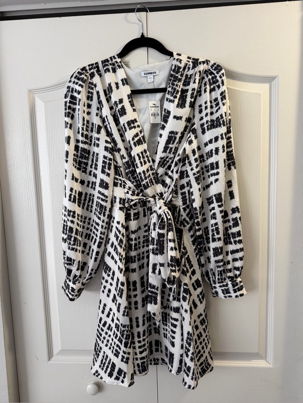 Express Black & White Wrap Dress with Tie Waist
